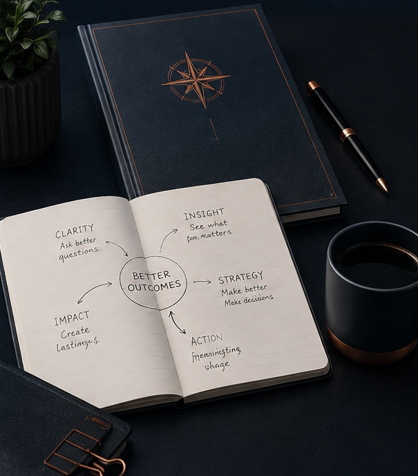 Open book and journal on desk